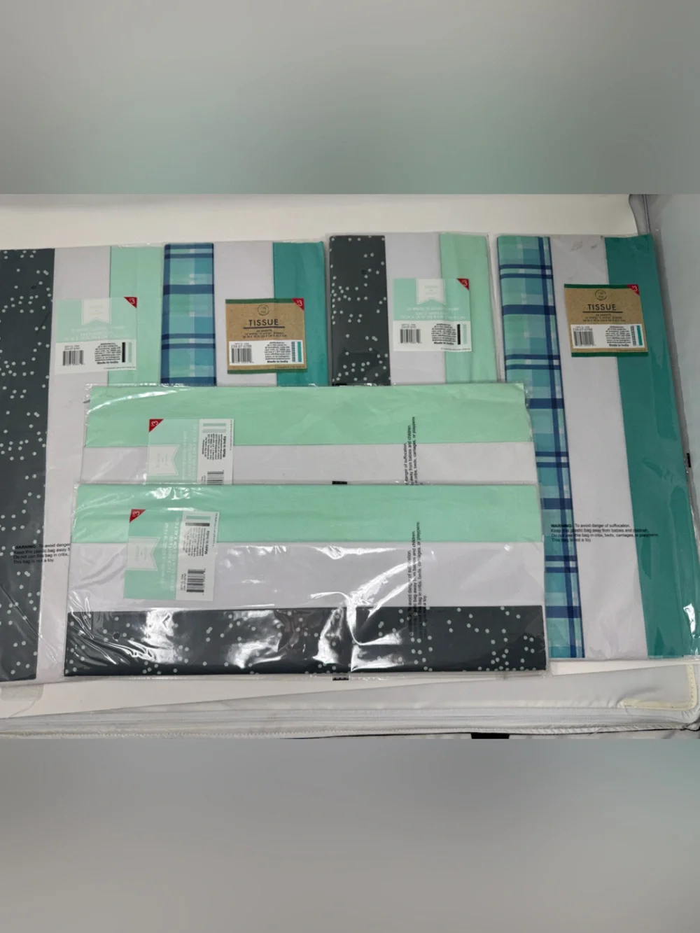Striped and Plaid Mint Green & Gray Tissue Paper Set 300